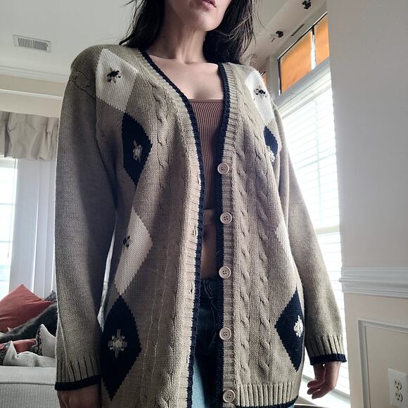 Vtg Alfred Dunner Argyle Sweater Cardigan Sz L Oldmoney Academia - Picture 2 of 5
